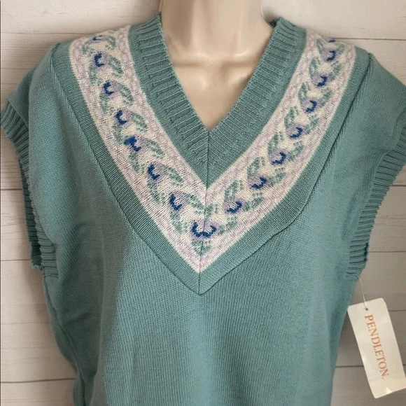 Vintage 70’s Pendleton Size Large Women's Teal V-Neck 100% Wool Sweater Vest - Picture 4 of 8
